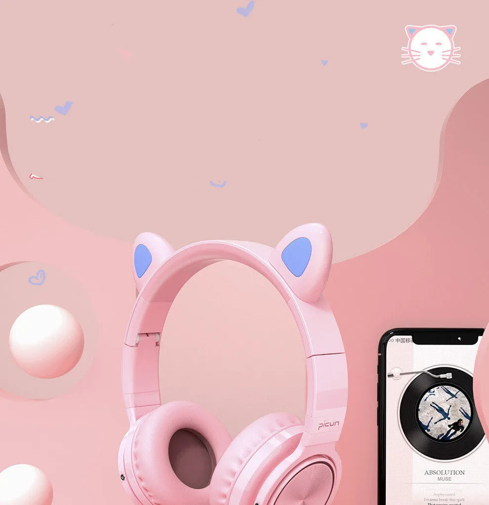 Pink white luminous Bluetooth wireless headset with 40mm speakers and braided cable