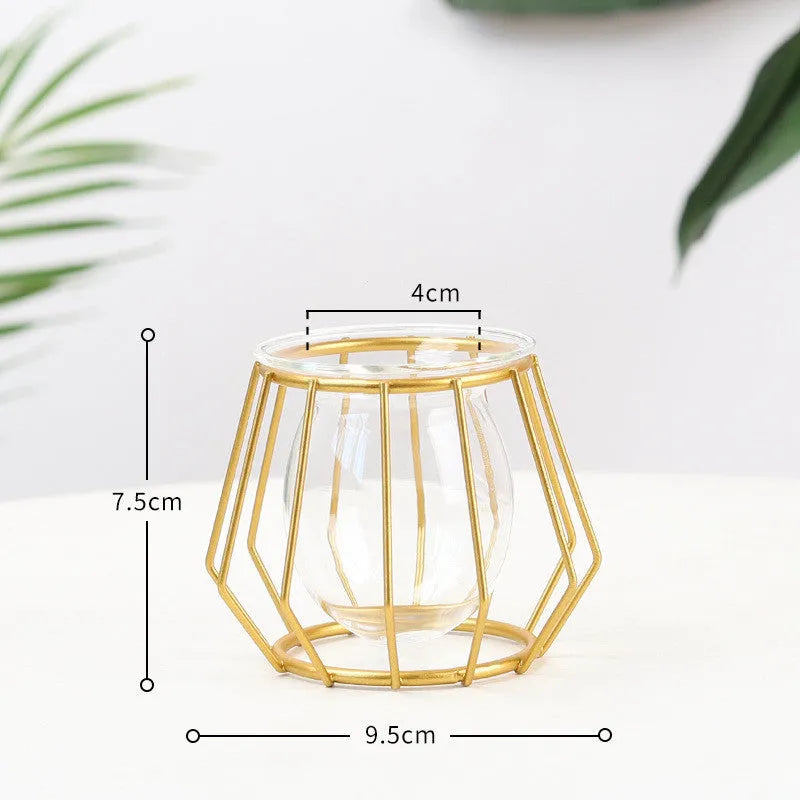 Nordic glass and iron desktop decoration in hexagonal shape with gold spray paint finish