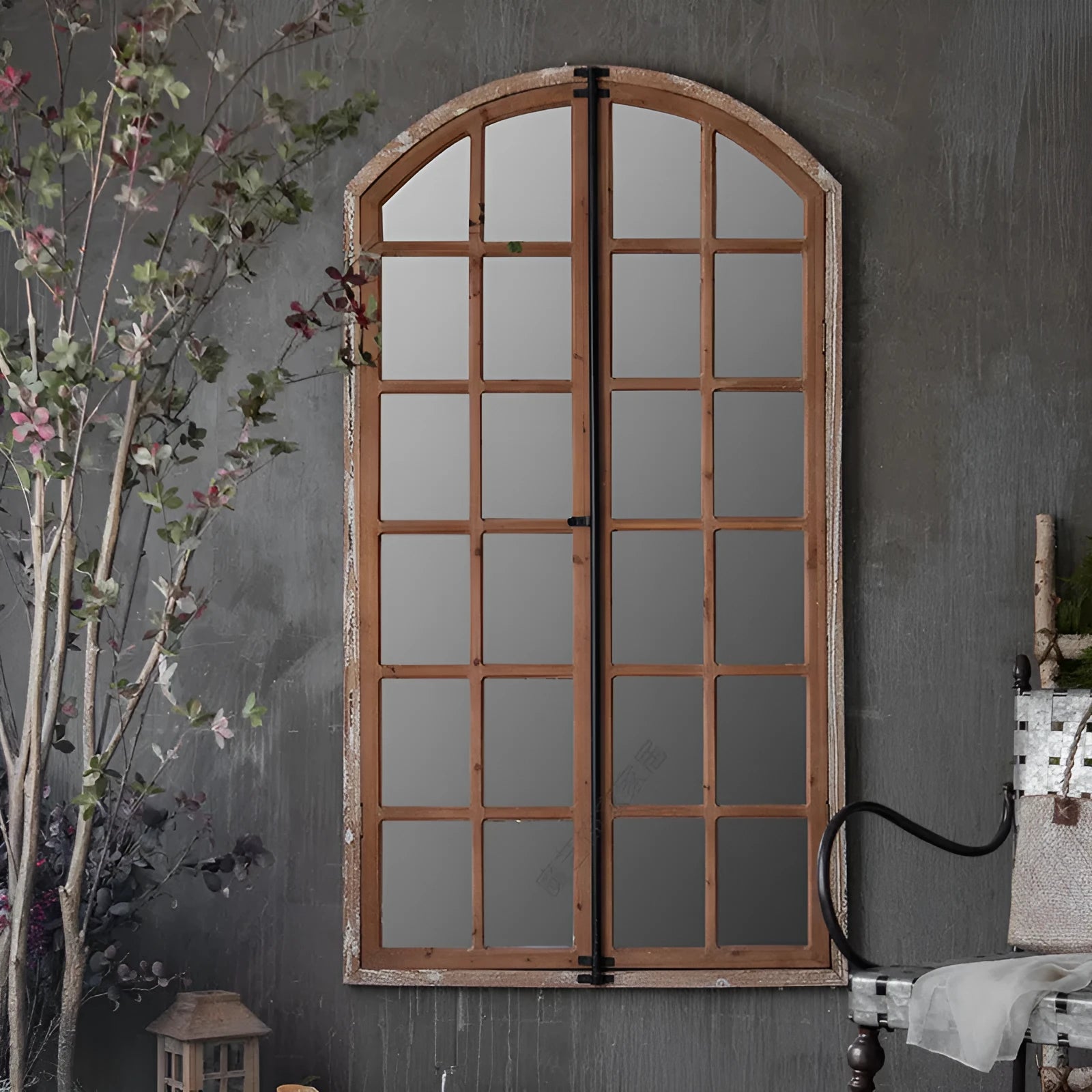 Distressed wooden frame fake window wall mirror in log colour