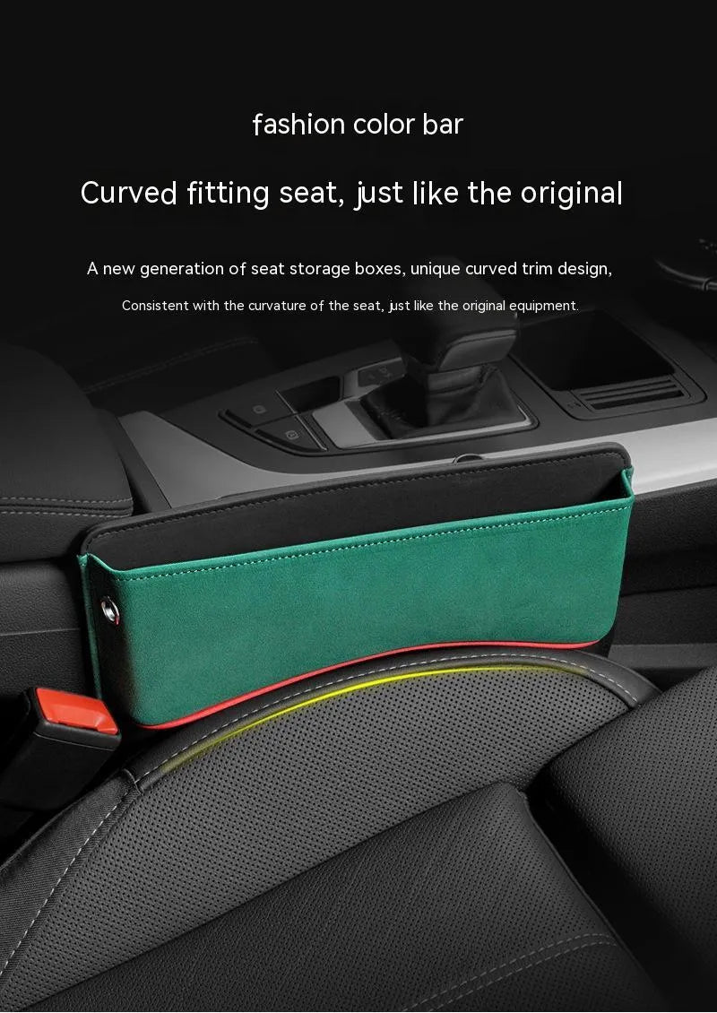 Leather car seat storage box in available colours mounted on vehicle passenger seat
