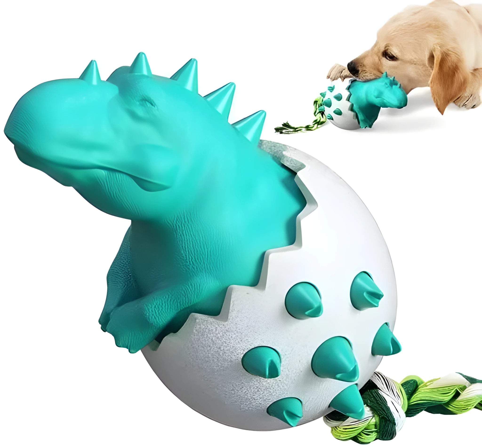 Blue dinosaur-shaped rubber dog chew toy with rope and textured cleaning nubs for aggressive chewers.
