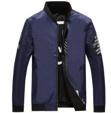Men's reversible flight jacket showing stripe pattern on both sides, zipper closure, and no-collar design