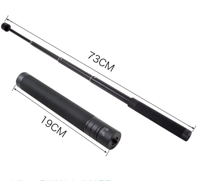 Black retractable aluminium selfie stick extended to 100cm with smartphone attached and Bluetooth remote.
