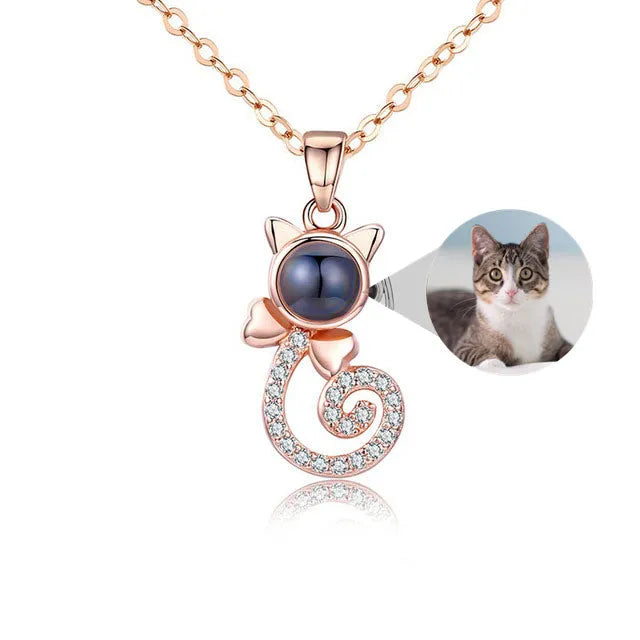 S925 silver cat-shaped pendant necklace with custom photo projection on Rose Gold chain