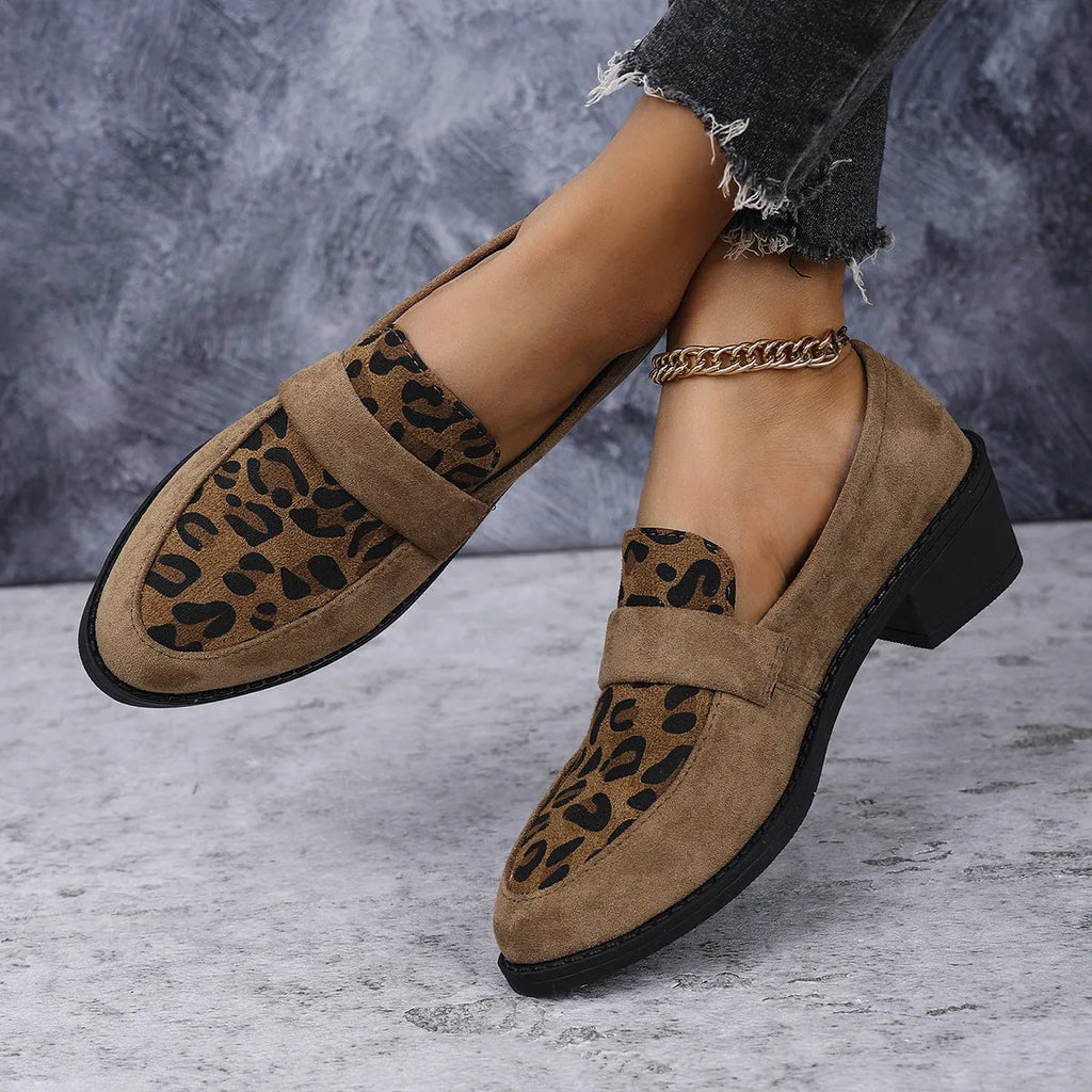 Women's leopard print suede slip-on shoes with pointed toe and chunky mid heel