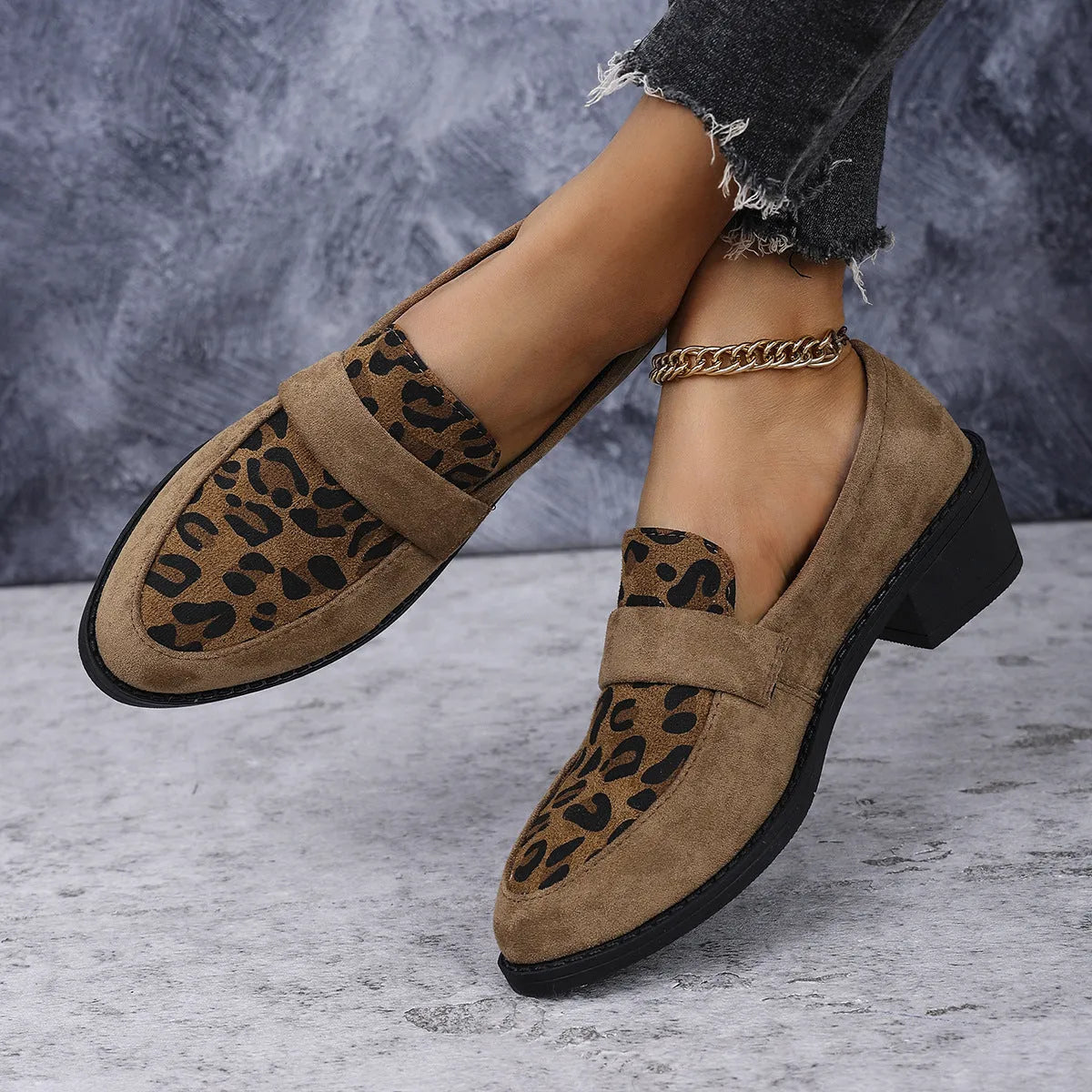Women's leopard print suede slip-on shoes with pointed toe and chunky mid heel