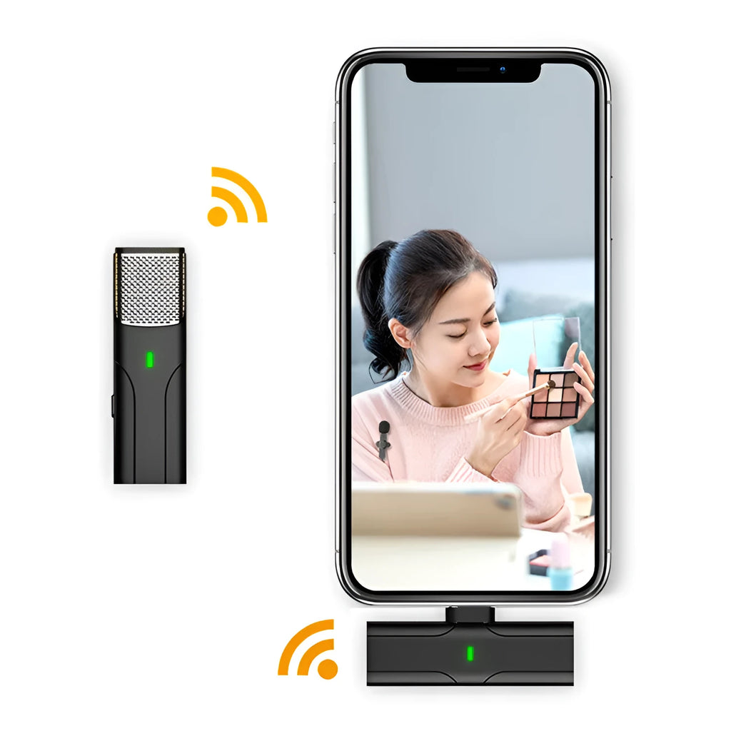 Black wireless lavalier microphone with charging cable and box for mobile phone and camera recording