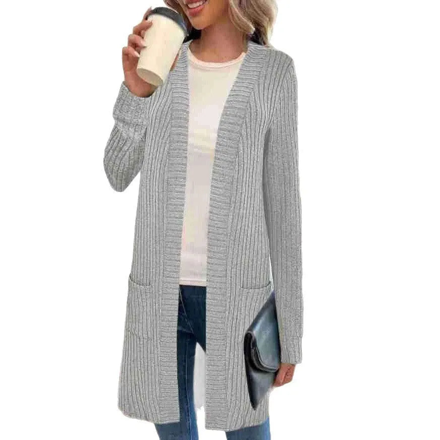 Loose fitting long sleeve knitted cardigan jacket with pockets in black, wine red and grey colours