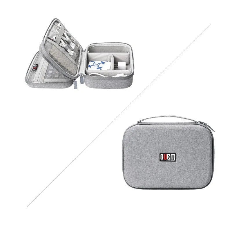 Black and grey EVA digital storage bag for headphones, shown in single and double-layer styles.