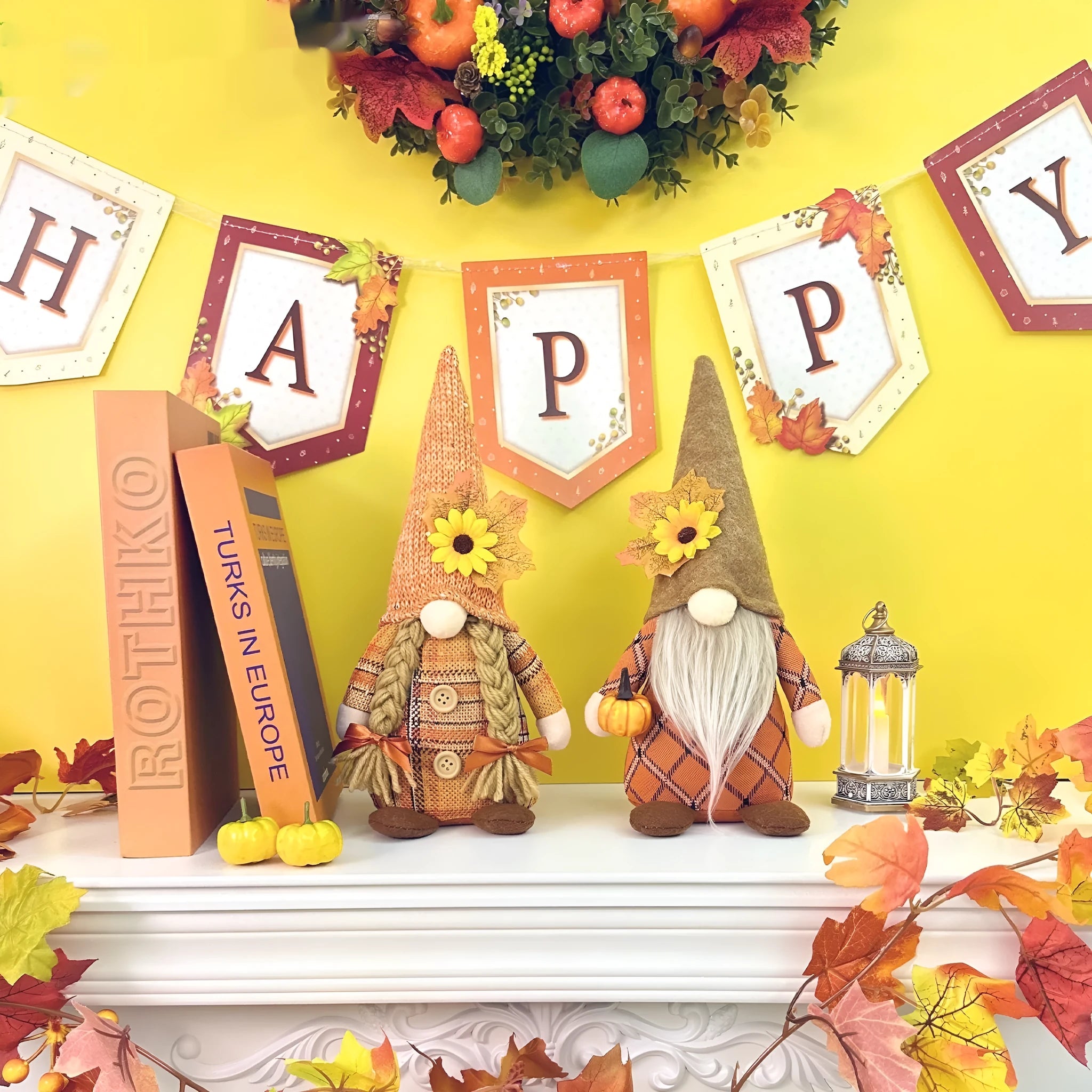 Harvest festival autumn pumpkin faceless doll in braid style for Thanksgiving indoor outdoor decoration