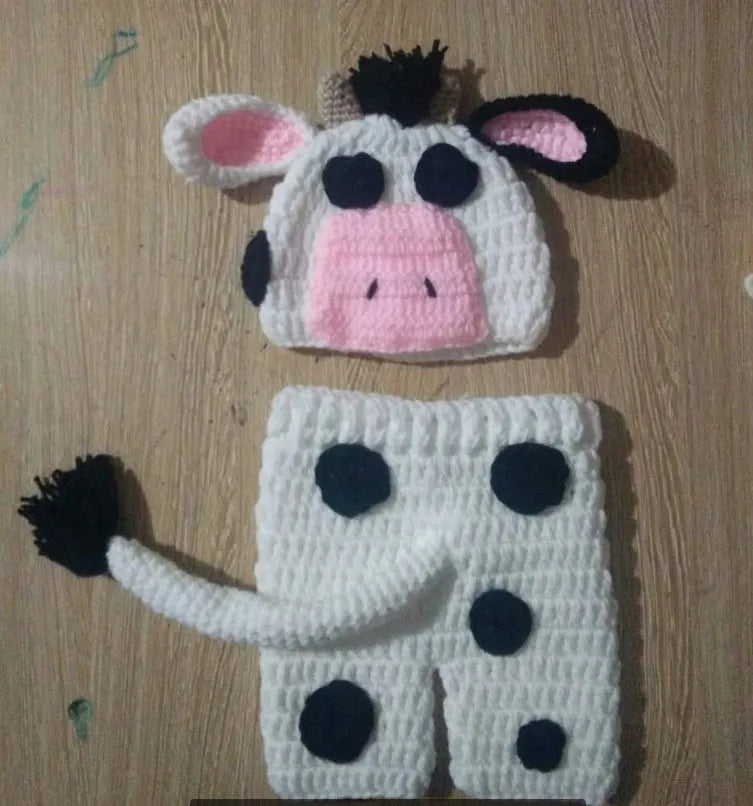 Hand knitted white baby cow suit with hat and pants set for newborns