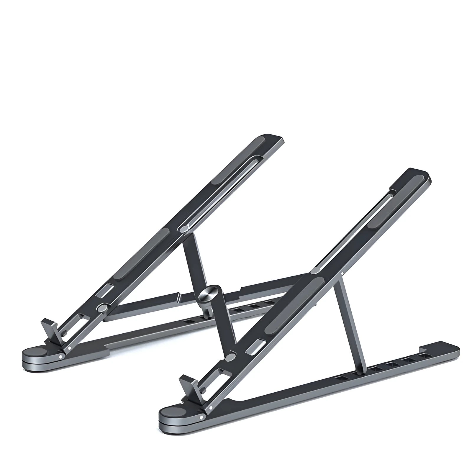 Deep grey portable aluminium laptop stand, folded flat next to an open laptop showing its adjustable height.
