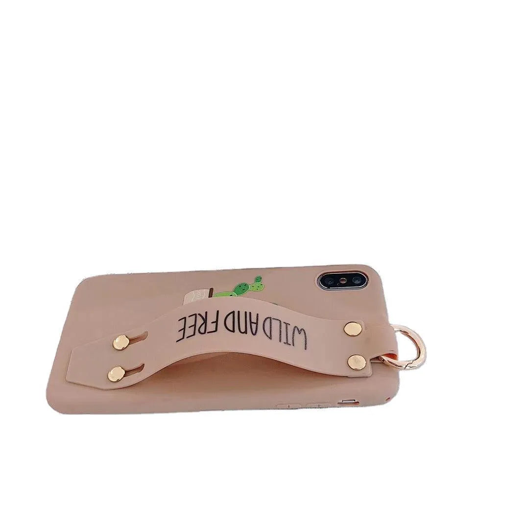 Green graffiti pattern wristband holder phone case for iPhone models showing back cover design