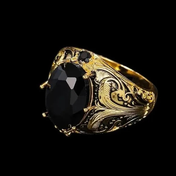Men's silver wide face ring with geometric imitation gem ornamentation showing irregular faceted design