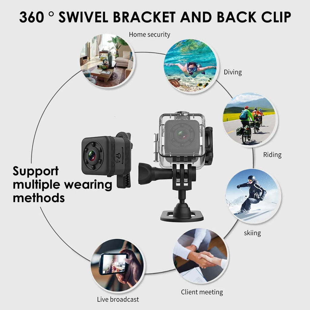 Black waterproof sports camera with microUSB port for 1080p HD video recording