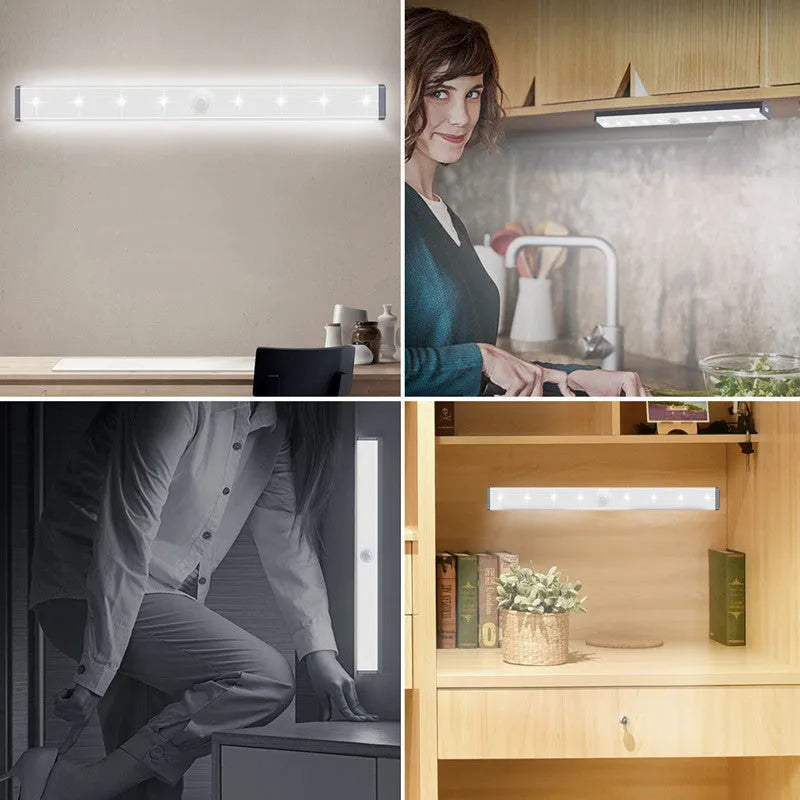 USB rechargeable magnetic LED closet light with motion sensor in aluminium shell.