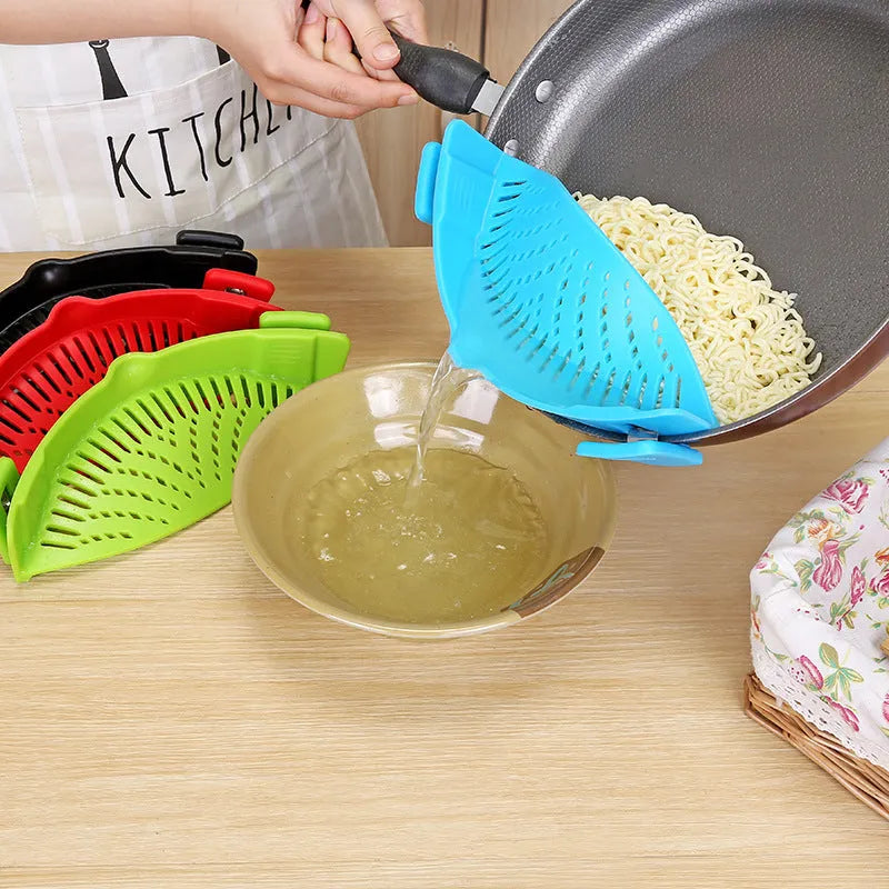 Silicone clip-on pot funnel strainer with stainless steel insert for draining liquids