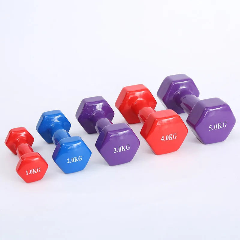 Colourful plastic fitness dumbbells in bright colours with glossy surface for home exercise