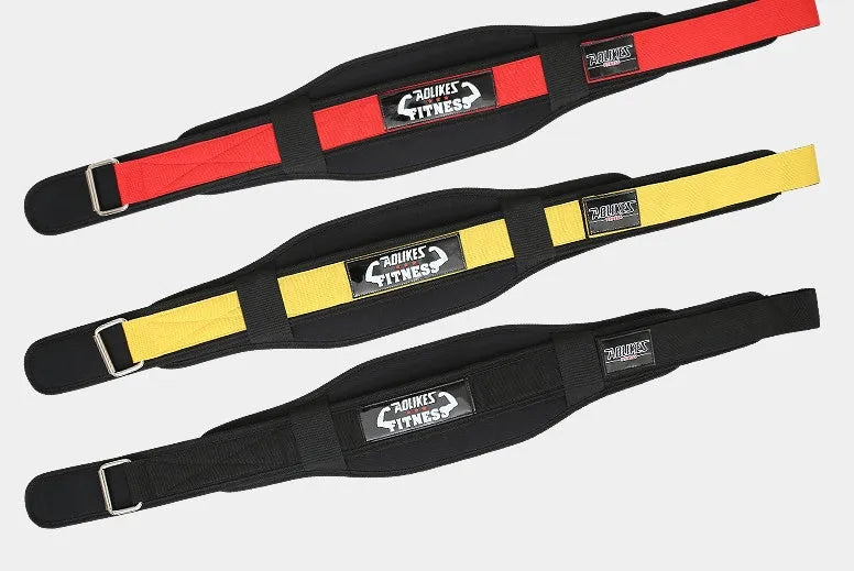 Nylon fitness weightlifting waistband showing black, red and yellow colour options with size markings