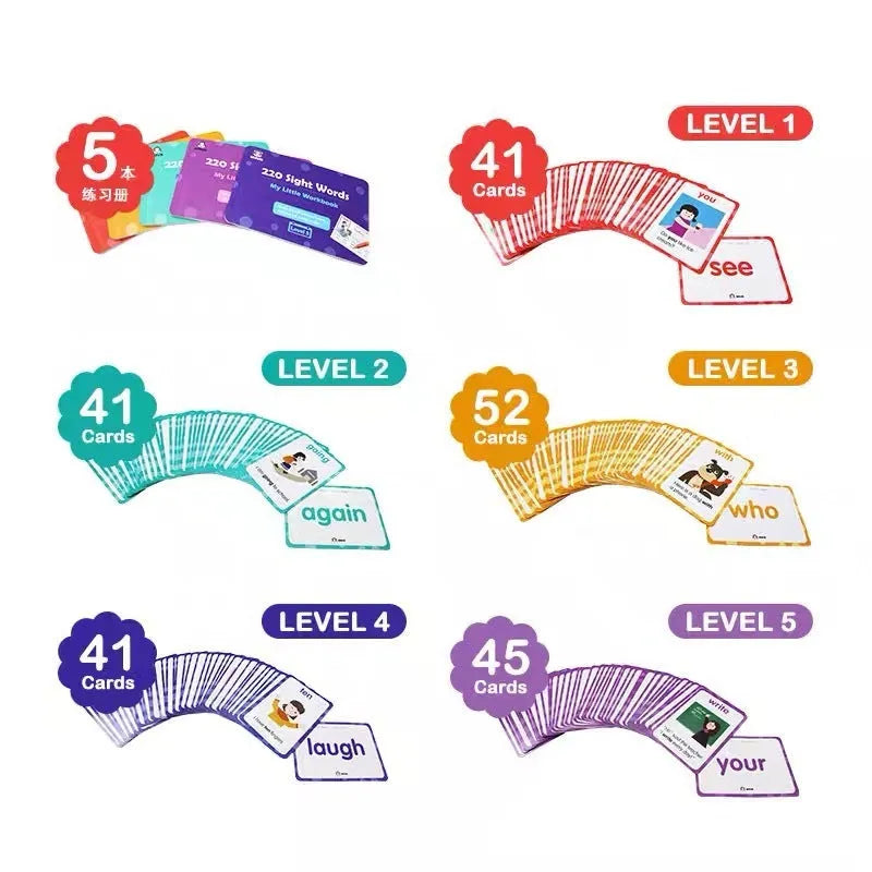 220 high-frequency word card set with five workbooks for early childhood education