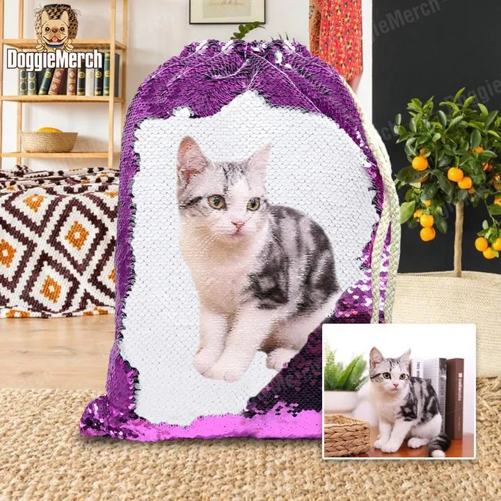 Custom purple sequin backpack with printed pet photo and drawstring opening
