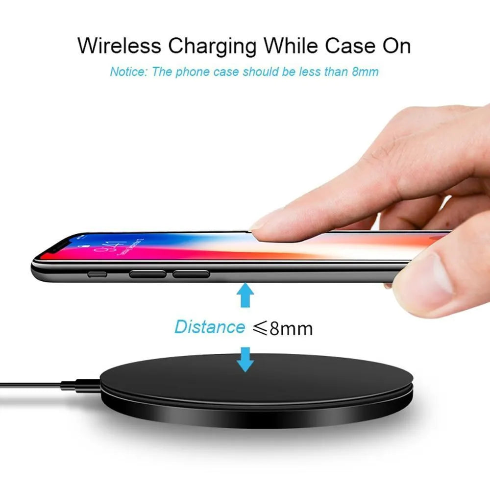Black ultra-thin wireless charging pad with 9V fast charging for smartphones