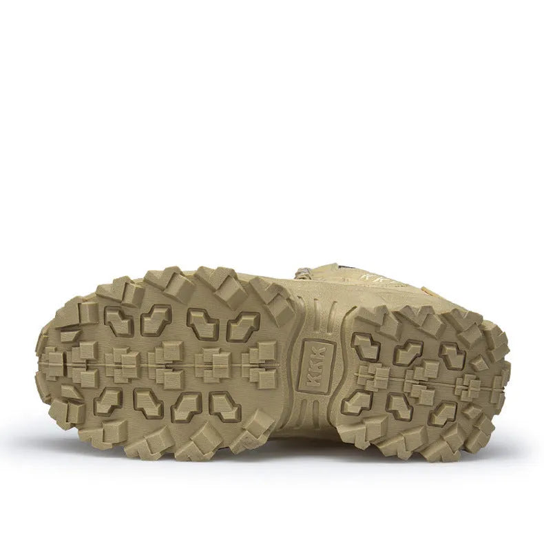 Men's black US Army Delta tactical boots with rubber sole on a rocky outdoor surface.