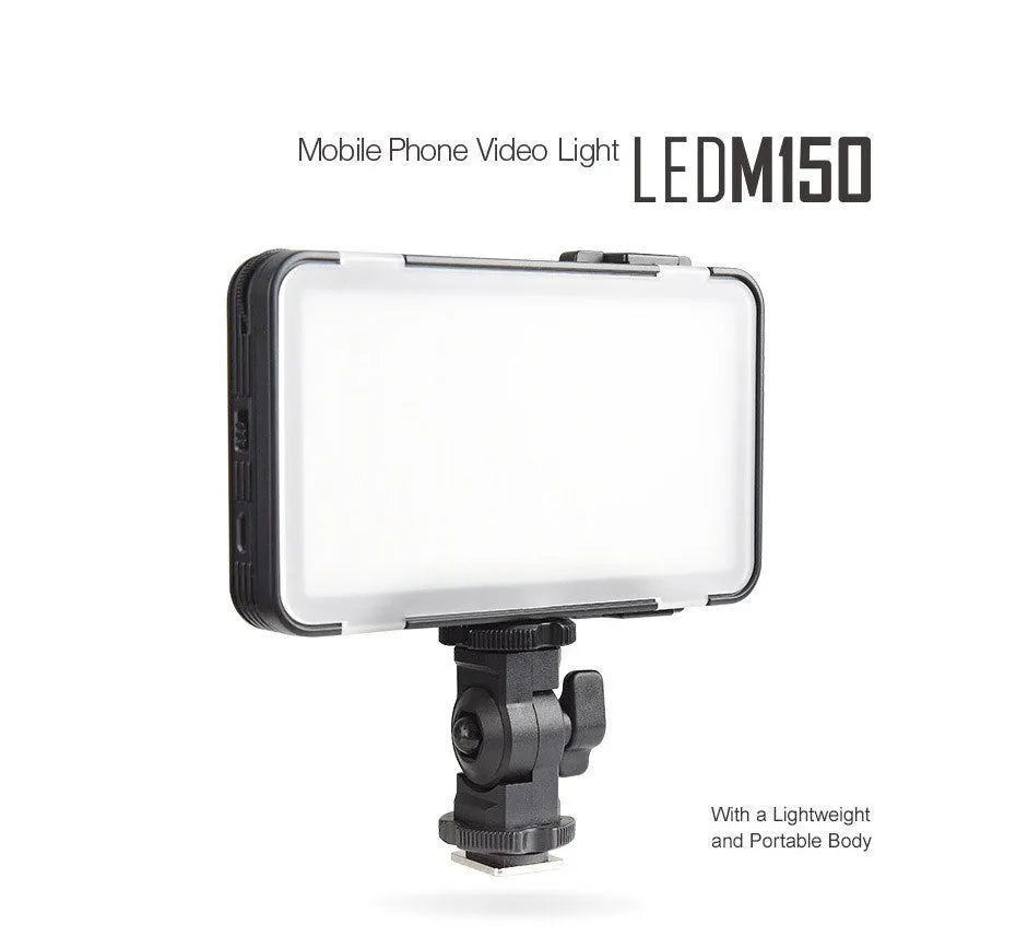 Shenniu M150 ultra-thin LED video light mounted on a mobile phone showing its slim profile.