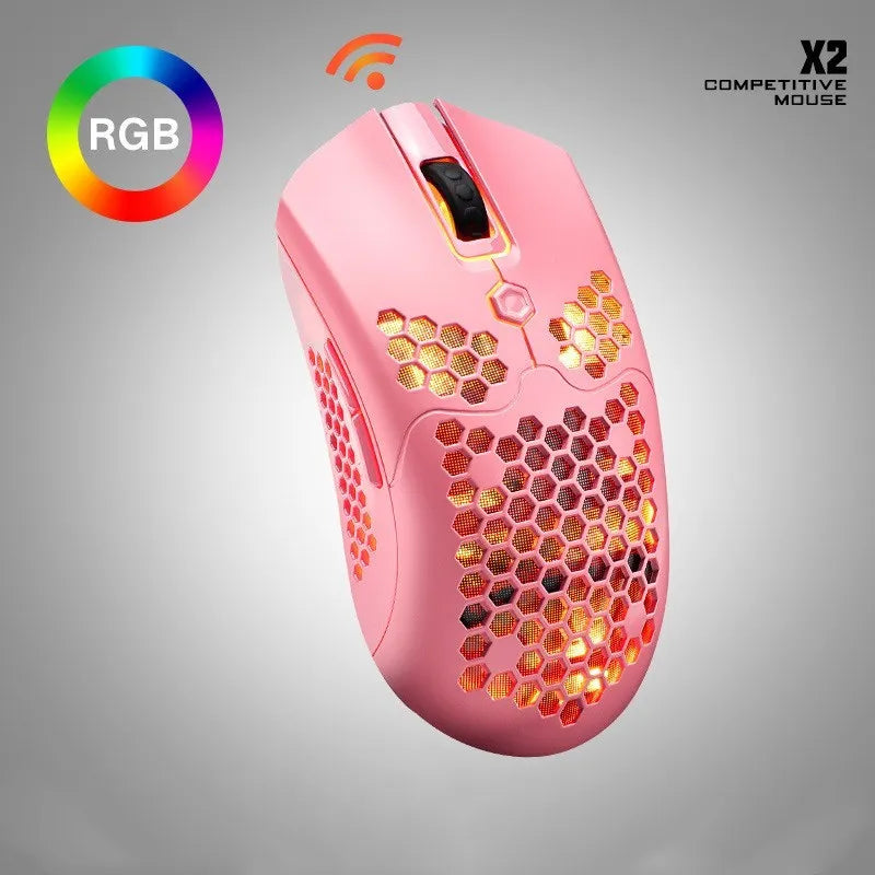 Free Wolf X2 wireless gaming mouse with RGB lighting shown in black, green, pink, white, and yellow colour variants.
