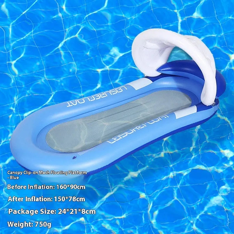 PVC inflatable floating row pool lounge in gradient sequin blue-purple wave design with canopy