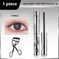 Waterproof mascara in steel tube with black and brown shades and optional eyelash curler