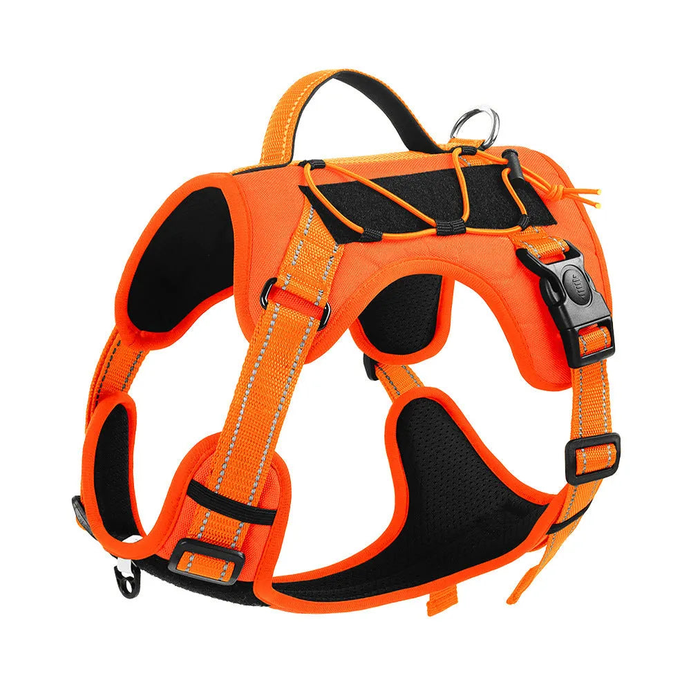 Orange adjustable dog harness with reflective trim and a black hand-holding rope lead attached