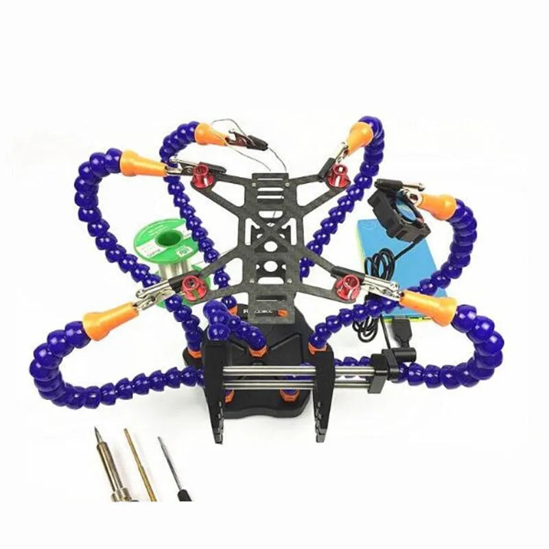 Black and purple aluminium six-jaw welding station with seven auxiliary arms for model repair soldering