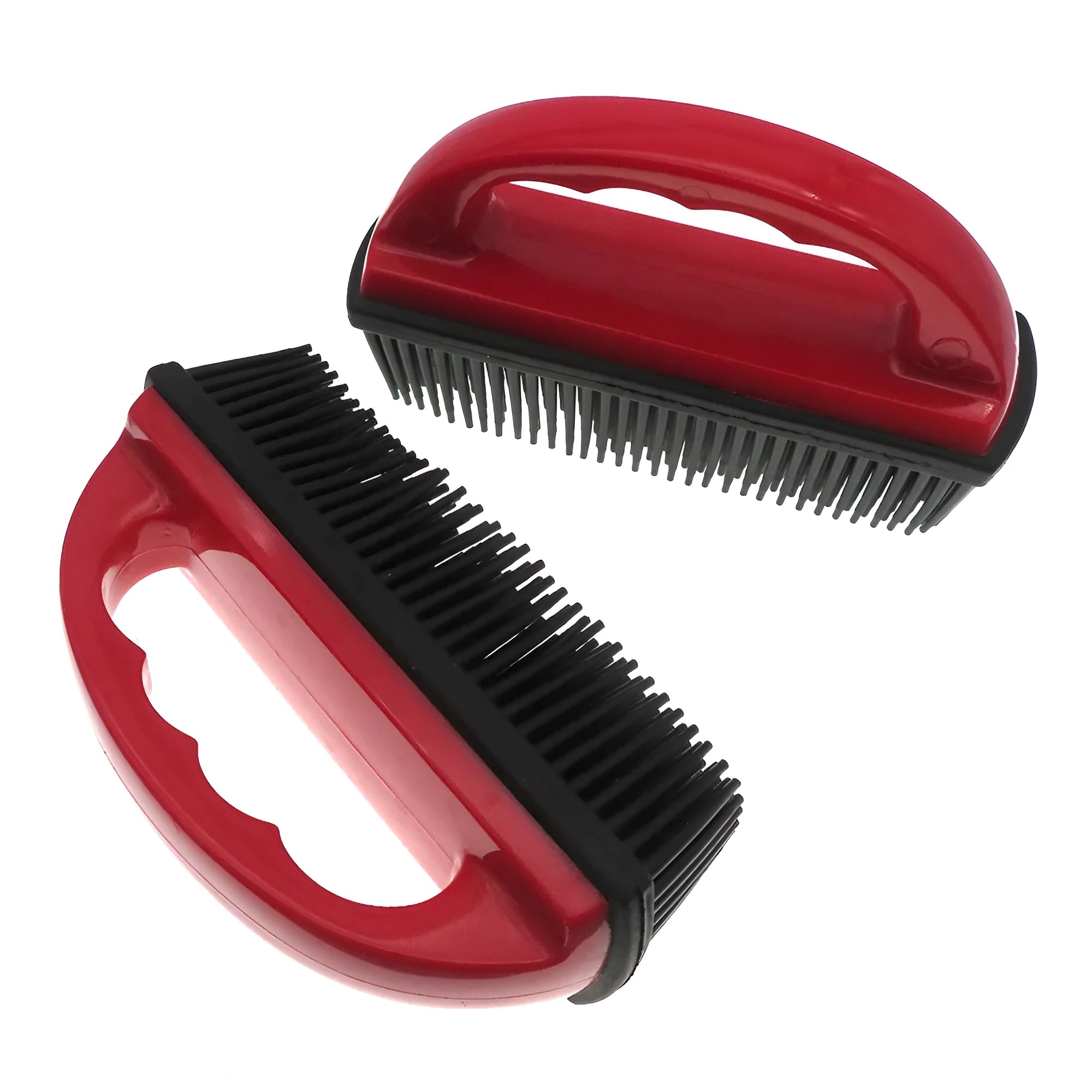 Red pet grooming brush with hair removal feature for dogs, cats and carpet cleaning measuring 160x85mm