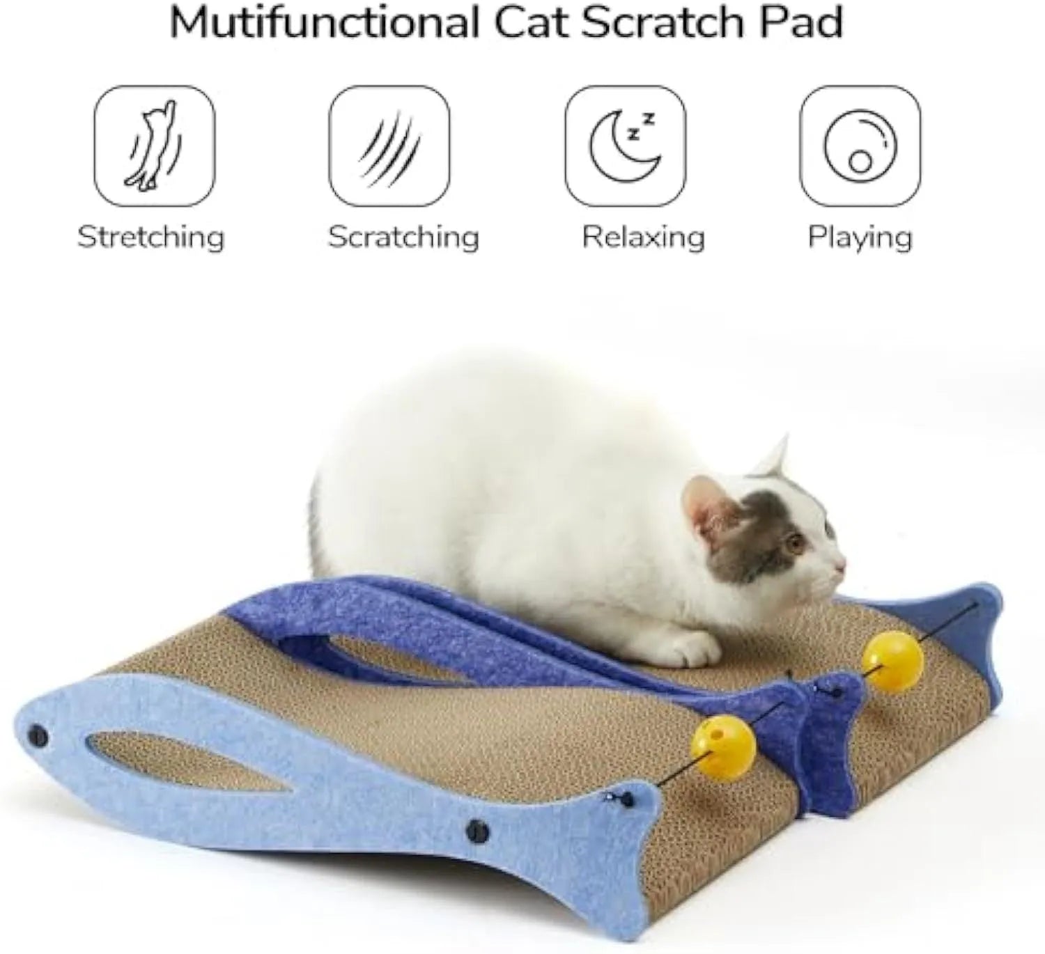 Blue fish-shaped cardboard cat scratcher lounge with bell ball toy for indoor cats