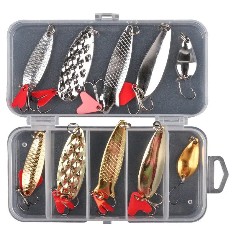 Iron fishing lure with pineapple sequin box design showing gold and silver metallic sequins