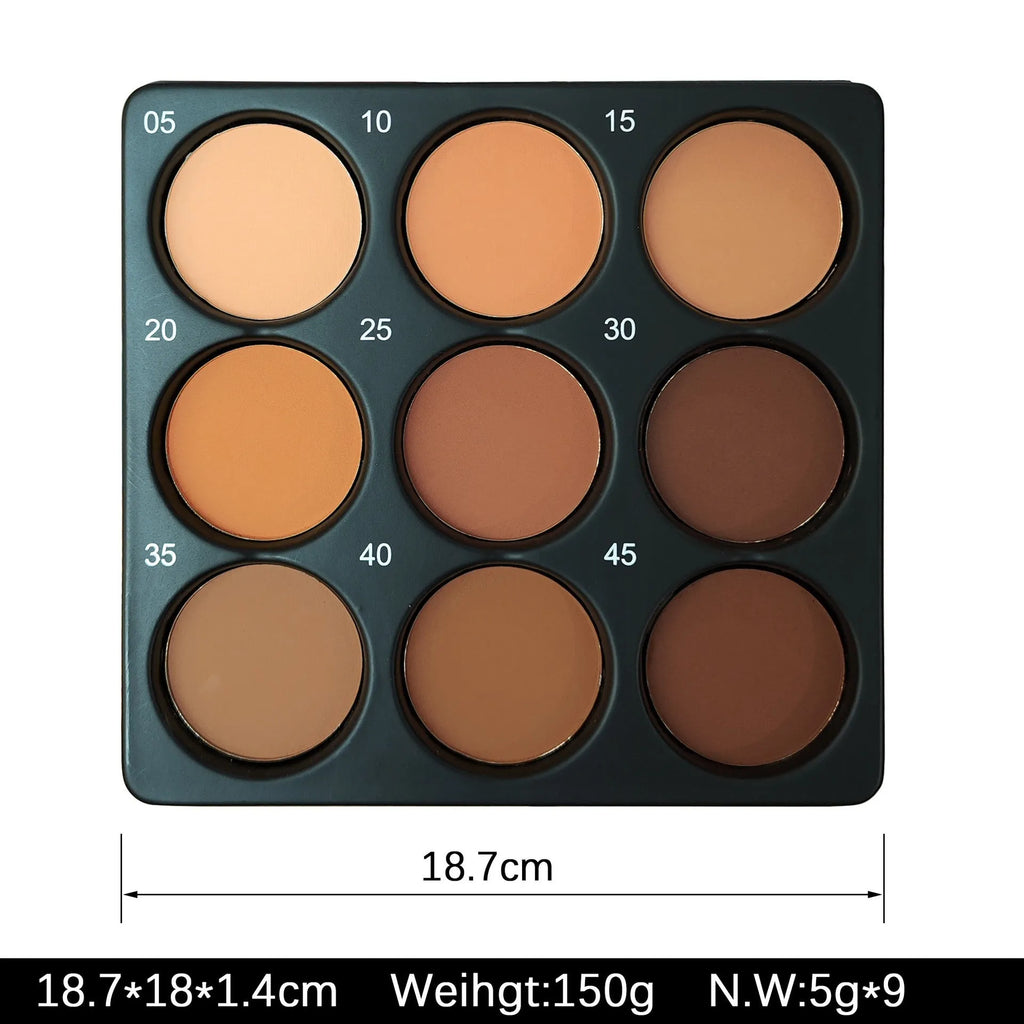 Makeup palette showing nine dark matte eyeshadow colours with waterproof long-lasting formulation