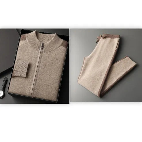 Men's cashmere wool blend cardigan suit with half turtleneck zipper in camel colour