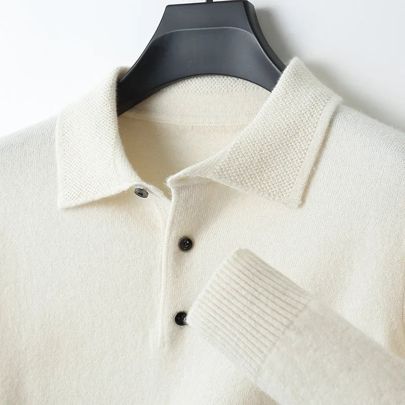 Men's woolen polo collar pullover sweater in noble blue colour on a hanger.