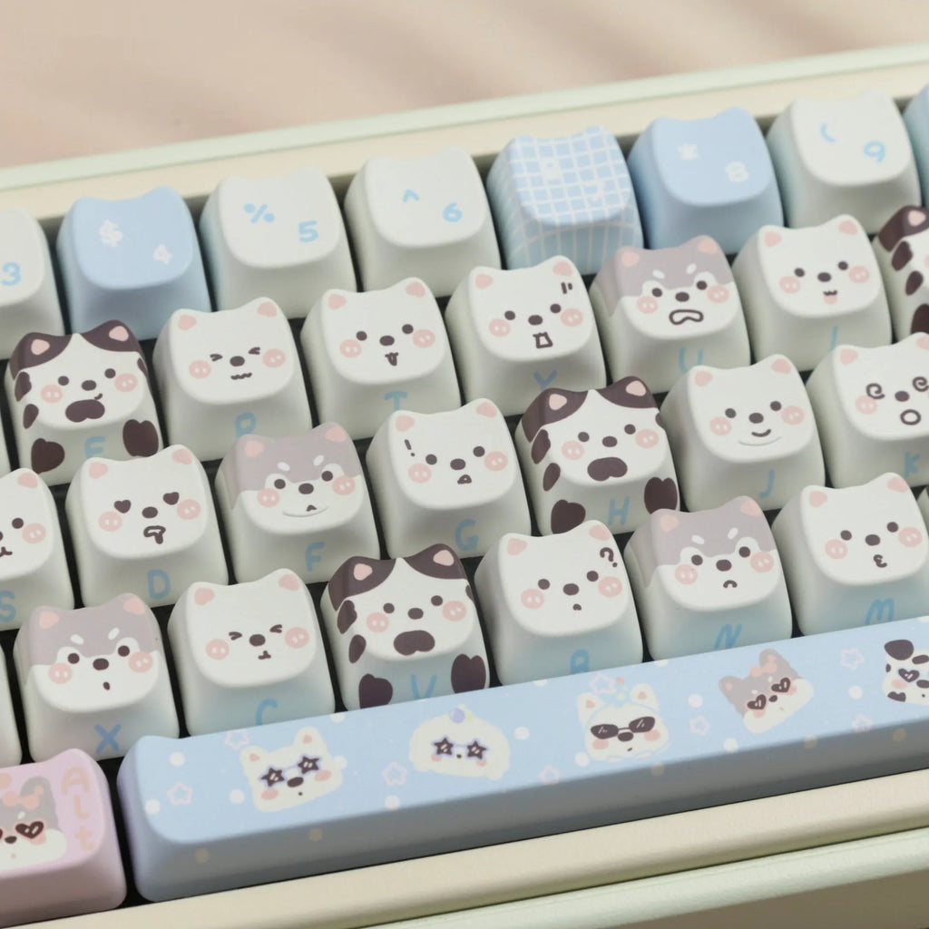 Full set of PBT sublimation keycaps with colourful puppy design for mechanical keyboards