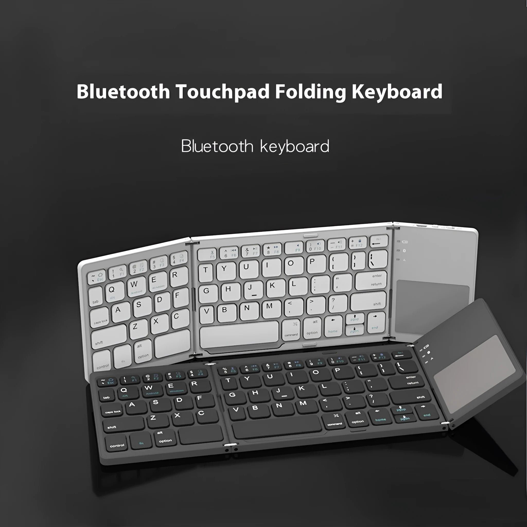 Mini tri-fold Bluetooth keyboard shown unfolded and folded, black colour option