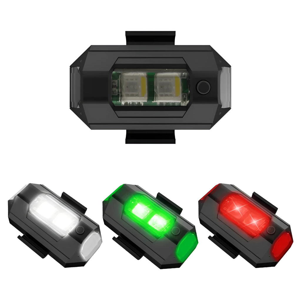 Drone strobe light accessory with RGB LED showing multiple colours, includes Type-C cable and mounting tape.