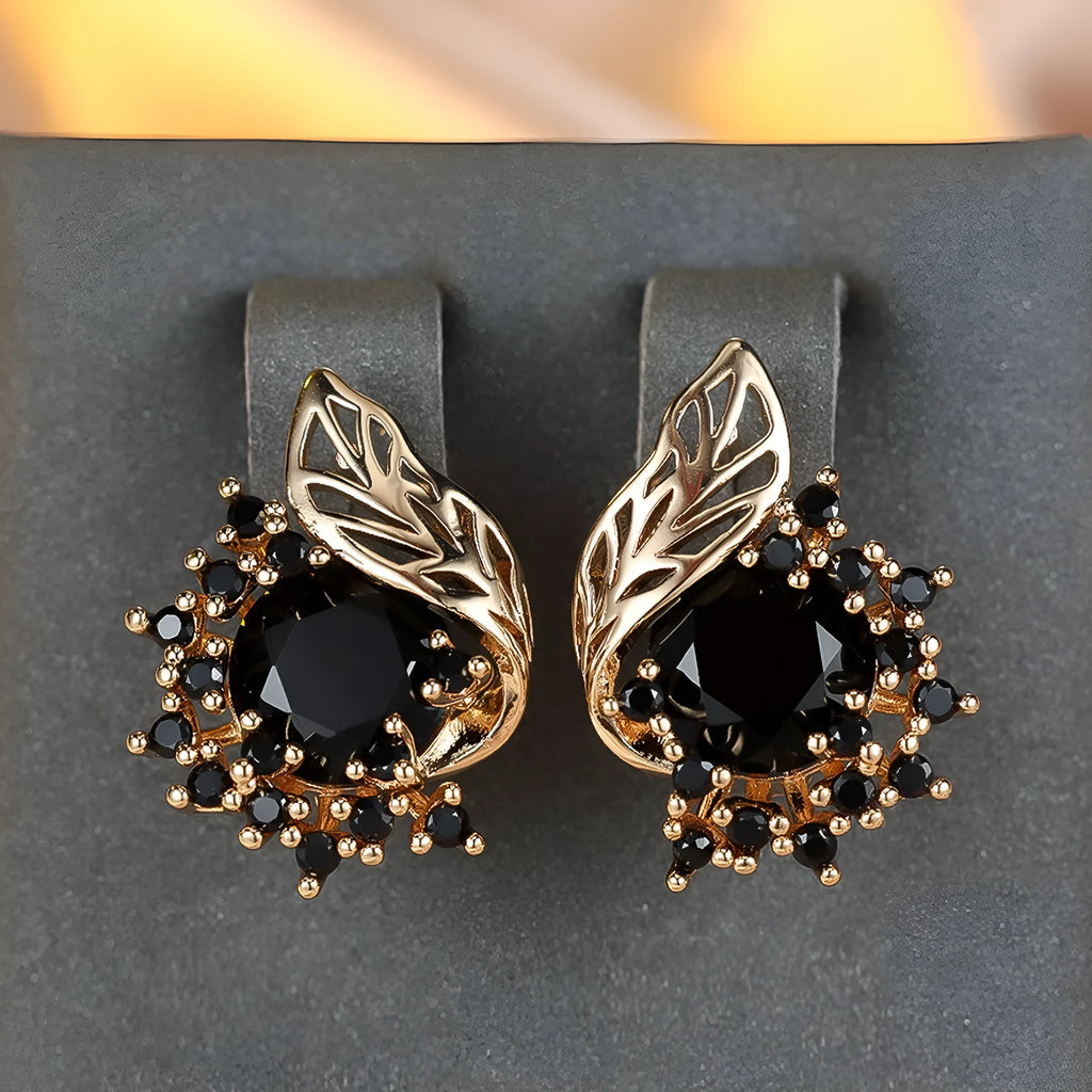 Round flower feather earrings with zircon stones in champagne gold finish, six colour options