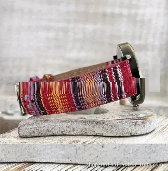 Ladies watch with multicolor rainbow pattern dial, antique bronze face, and PU leather strap