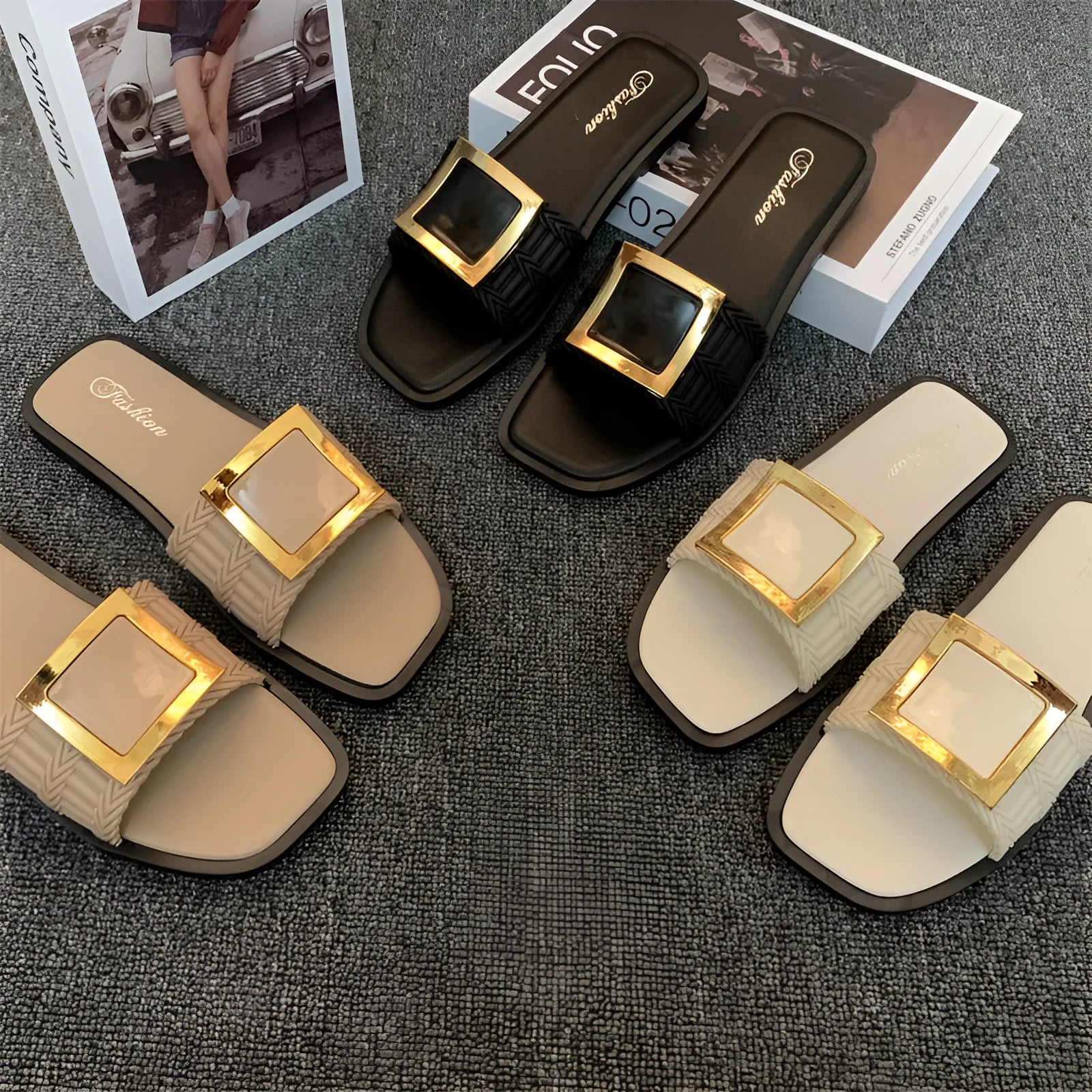 Women's apricot, black, and khaki flat summer slippers with a textured PVC sole.