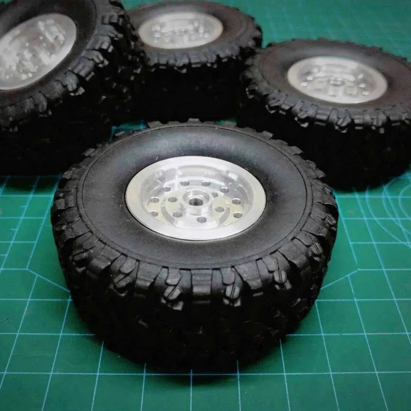 Silver stainless steel RC car wheel with tyre, 68mm outer diameter, 5mm hex fitting for modification parts