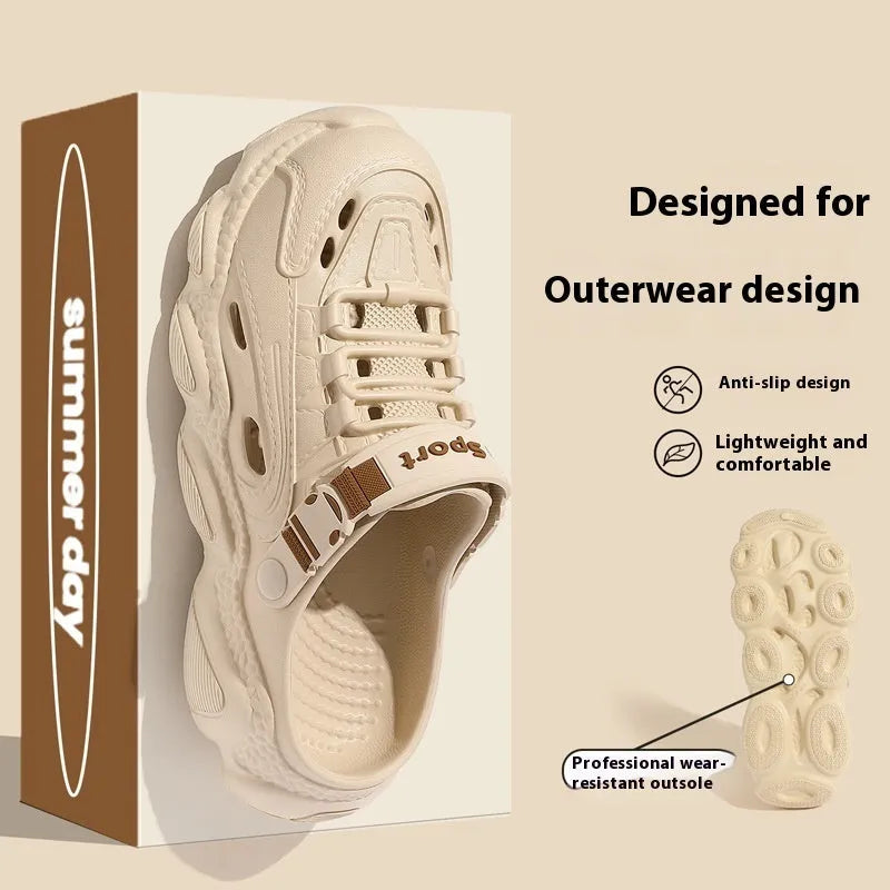 Men's khaki outdoor slippers with hollow-out design and textured EVA sole.