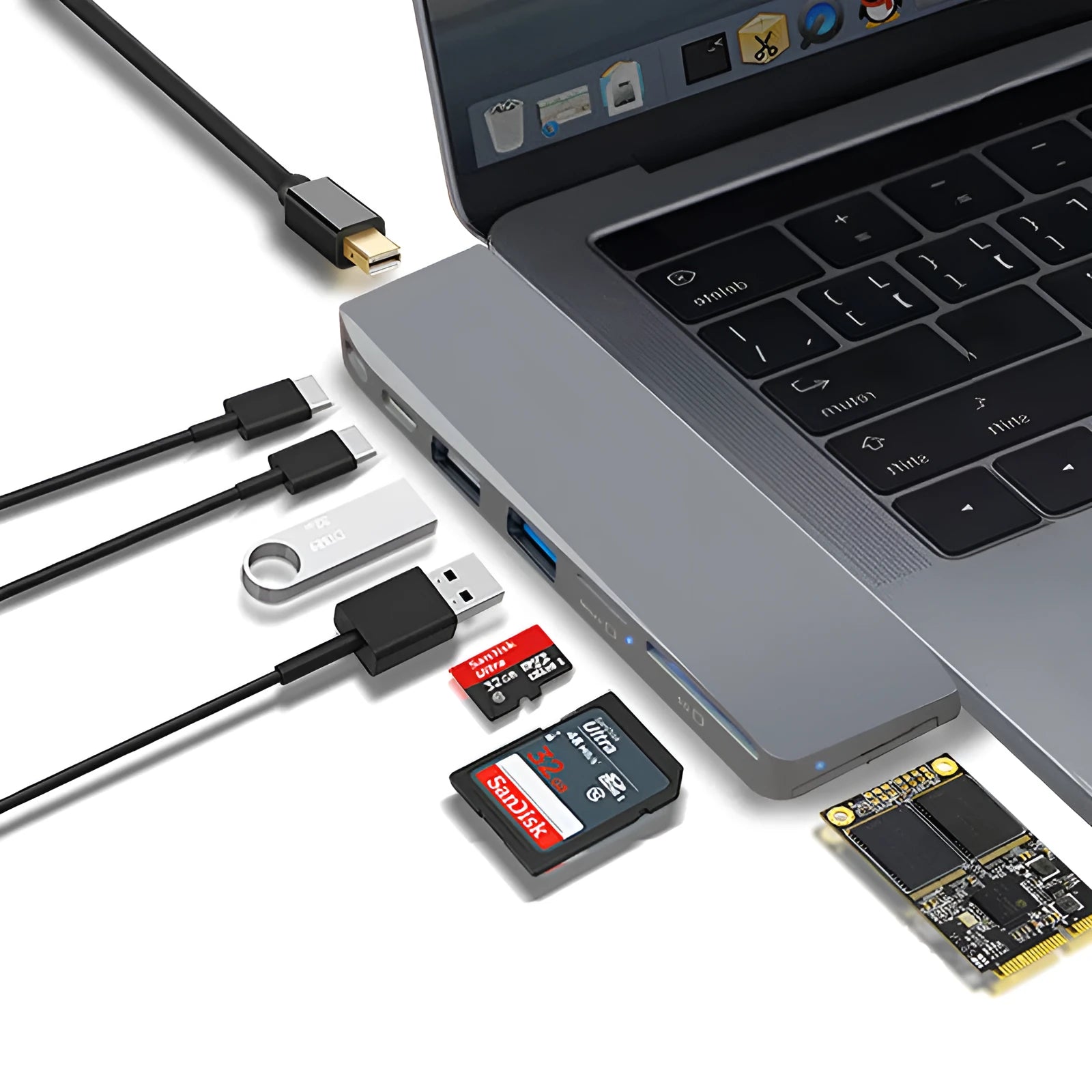 Silver USB-C hub with multiple ports for MacBook Pro, showing USB, card slots, and charging port