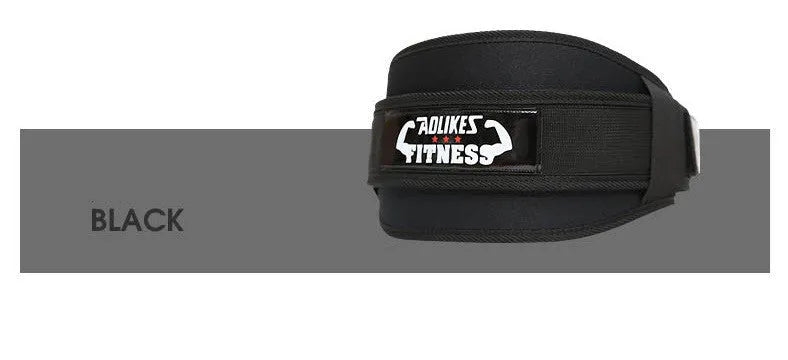 Nylon fitness weightlifting waistband showing black, red and yellow colour options with size markings