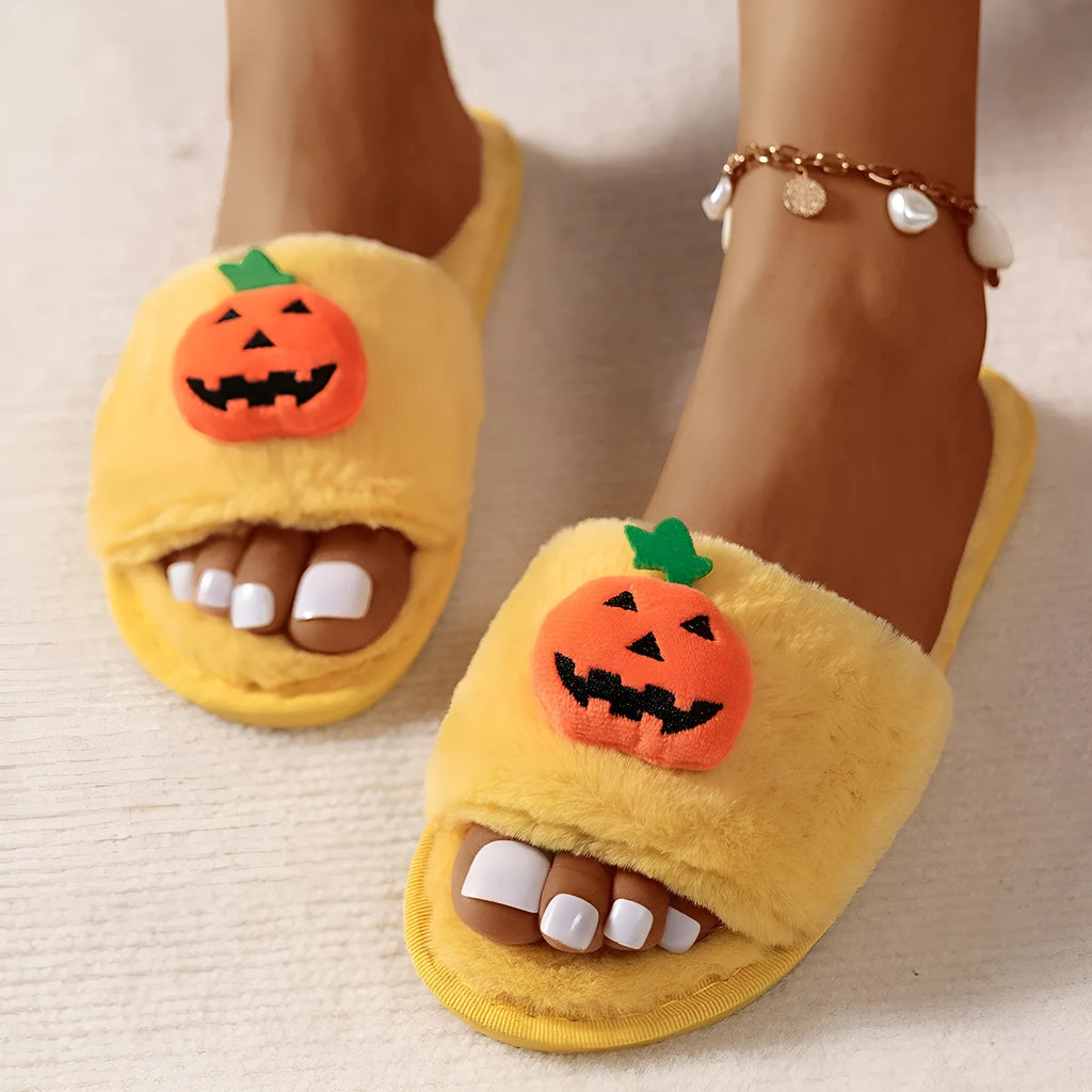 White and yellow pumpkin plush open-toe slippers with anti-slip PVC soles